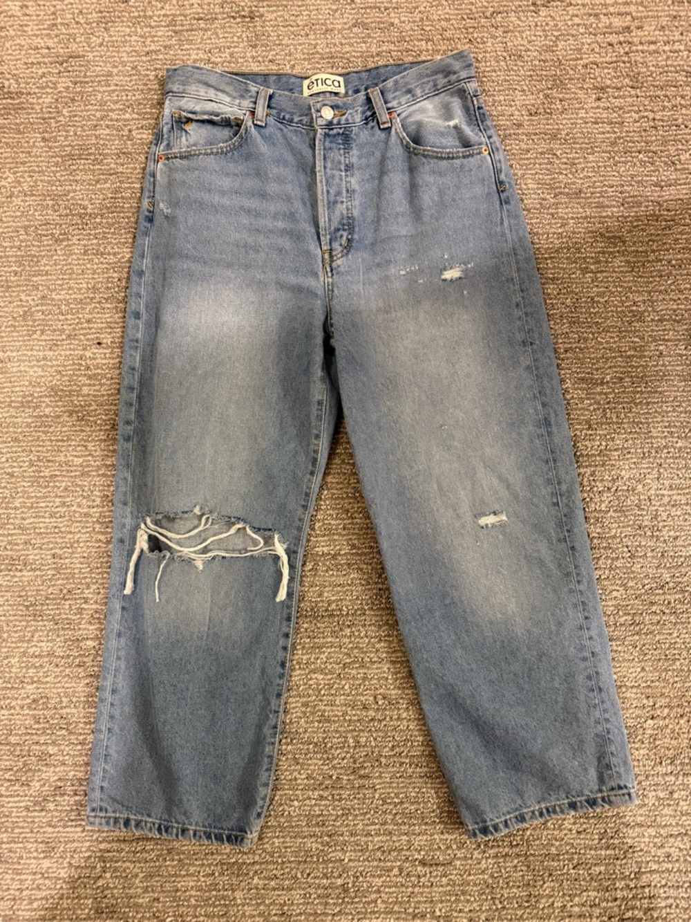 Ética Altin Loose Crop Jeans | Ithaca Wash Distressed Wide Leg Denim | 28 NWT